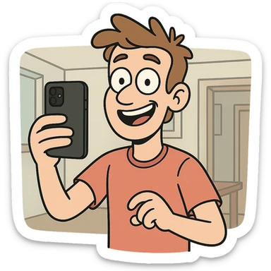 smiling guy taking a selfie indoors, cartoon style sticker