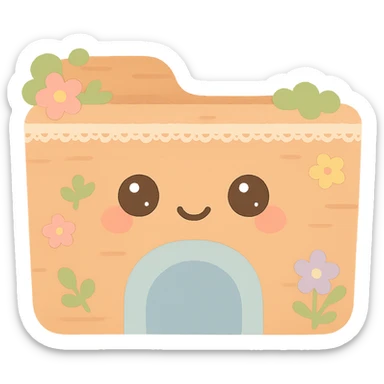 File Explorer icon inspired by cottagecore: folder with a blue archway at the bottom, made of wood and fabric, adorned with moss, tiny flowers, and lace, cozy rustic style, no text sticker