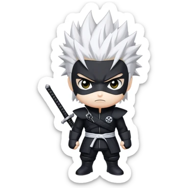 Gabimaru the Hollow, chibi version, white spiky hair, black ninja suit, serious face sticker