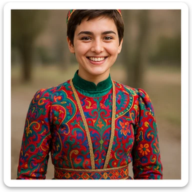20-year-old Chechen girl with short brown hair, in a colorful Chechen dress, standing and smiling sticker
