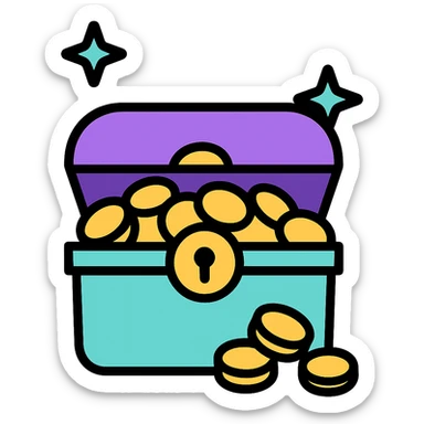 Make the purple and teal rewards chest open with coins spilling out, no background, icon style. sticker