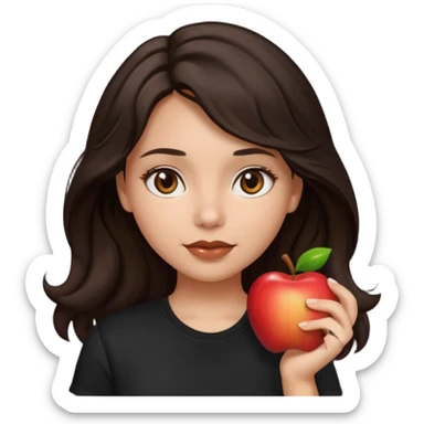 emoji of a girl with dark brown wavy straight hair, brown eyes, brown lips, slightly morena skin, wearing a black t-shirt, apple emoji style sticker