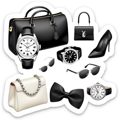 1 bag and 1 watch, and 1 glasses, 1 pair of shoes, and 1 watch rolex, all BLACK AND WHITE AND SILVER OR WHITE PLATED GOLD put together like a bundle with no face, all luxury items like lv and prada, and rolex, and balenciaga sticker