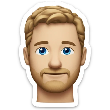 A head and shoulders shot of a 40 year old white man, with short brown hair, with stubble facial hair,   with blue eyes wearing a t-shirt. sticker