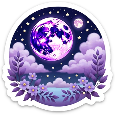 Beautiful poetic ethereal romantic magical aesthetic shiny pretty floating pastel lilac lavender Violet full moon and flowers and leaves aesthetic pastel clouds scenery  sticker