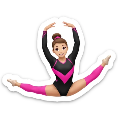 Happy female gymnast with brown hair in a neat bun, wearing a black uniform with neon pink elements, performing an acrobatic move. A female gymnast with brown hair in a neat bun, wearing a black uniform with pink elements, performing an acrobatic move. sticker
