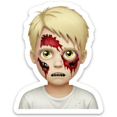 create boy blonde hair long messy, light eyes, white t shirt, style zombie sticker