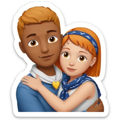 Two people hugging, brown guy with a buzzed cut and bandana, and a white woman with ginger hair sticker