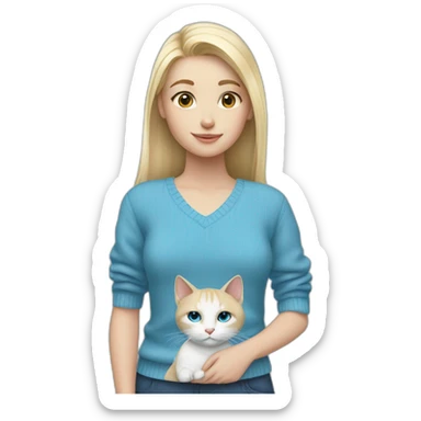 Blonde girl in blue sweater and with white cat sticker