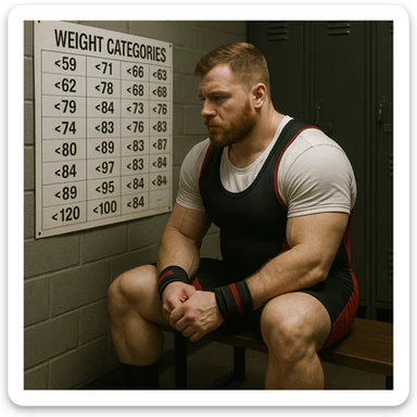 Powerlifter in competition clothing, sitting on a bench, reflecting while looking at a weight category chart, concentration atmosphere, realistic details, locker room background sticker