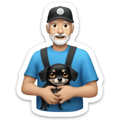Old man with blue eyes goatee beard ball cap holding cute black Chihuahua with long hair sticker