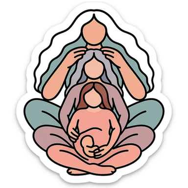 Variant: Several generations of women sitting one behind the other as in the reference, all dressed in flesh-colored bodysuits, Chinese Eastern style, icon-color-outlined style with thin clean contours, soft rounded shapes, pastel palette #98B5BC, #B5B3C1, #C9A3C9, #E4C0CA, #F7DCD1, #F7C0AA, emphasis on shadows and highlights, transparent background, no decoration, less cute. Composition and poses as in the reference. sticker