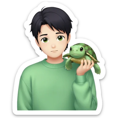 Gorgeous pastel green sweater black hair anime style shojo guy with blushing face and, turtle, aesthetic, young adult, trending style outside  sticker