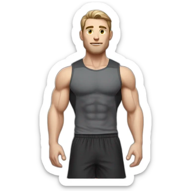 Pale skinned Fit Man With the biceps and dark brown hair in black shirt, gray sports shorts and white Sneakers Relies on the crossbar sticker