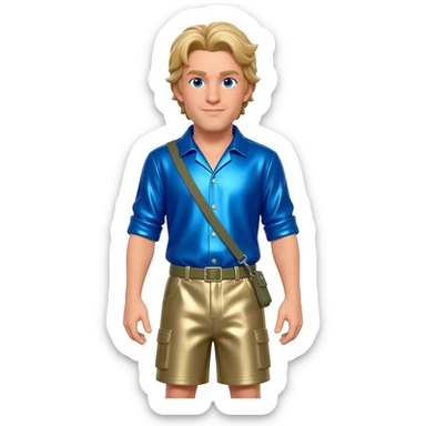 Martin Kratt with blue eyes, sandy blonde hair, periwinkle blue metallic shirt, khaki metallic baggy shorts sticker