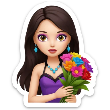 pretty bratz doll with makeup with dark halterneck top, long dark brown hair holding big bouquet of flowers sticker