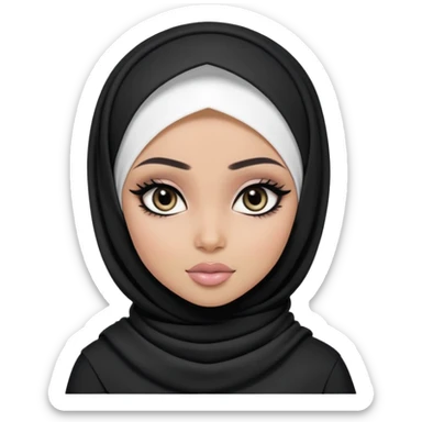 black pretty bratz girl, hijabi, dark black eyes, black eyeliner, pale skin, black clothes sticker