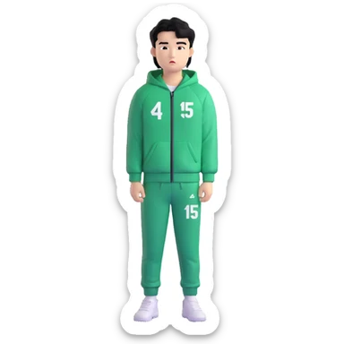 Draw Seong Gi-hun (Player 456), Korean male, messy black hair, green tracksuit with white number 456 printed on chest. sticker