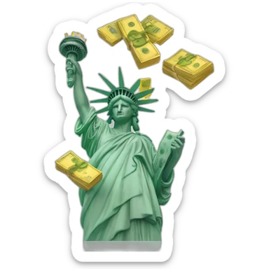 statue of liberty with cash and gold around with money in the hand sticker