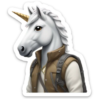 unicorn wearing a jacket on a mountain  sticker