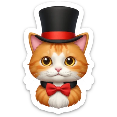Cute emoji-style orange tabby cat wearing a black top hat with a red band and a red bow tie, big round eyes, fluffy fur, clean mascot style, centered, transparent background, 1:1 ratio. sticker
