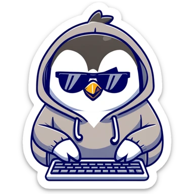 A cool penguin wearing a hoodie with sunglasses perched on head, typing with one flipper on a sleek keyboard sticker