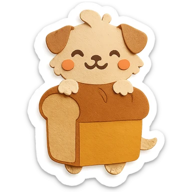 chibi bread maker-dog hybrid, fluffy, peeking from a bread loaf, cheerful, warm beige, full-body sticker