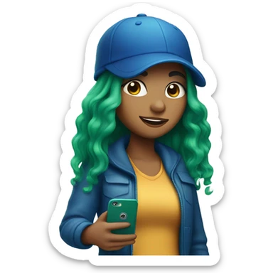 Make a picture of a girl with a cell phone and green hair with a blue hat sticker