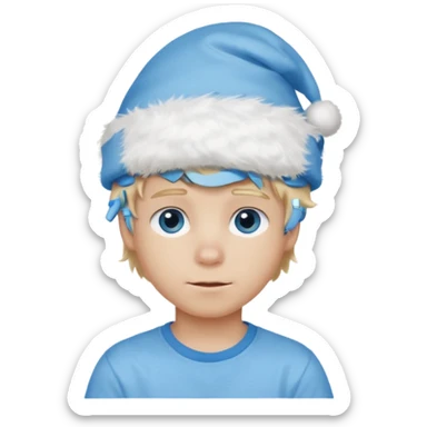 create boy blonde hair long messy, light eyes, white t shirt, rich, long hair, eyes blue, acessory head cristimas blue hat, fluffy hair sticker