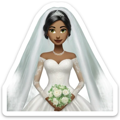 Hyper Realistic ornate ballgown long sleeve Wedding dress with diamanté on Russian bride with green eyes and long black hair with veil sticker