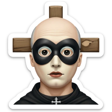 cinematic ultra HD portrait of Joel-Peter Witkin,  he wears a small black mask with a crucifix over his eyes sticker