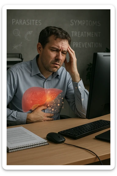 Man sitting at office desk experiencing subtle symptoms of liver dysfunction, upper abdominal pain, nausea, and unexplained fatigue Parasites: Types, Symptoms, Treatment & Prevention, expression of confusion about vague health issues, liver shown in transparent overlay with early inflammation, toxins beginning to accumulate in bloodstream, productivity declining as liver struggles to filter properly sticker
