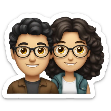 a white Boy with black hair and curler and with glasses on, and a white girl with long brown hair without glasses hugging each other sticker