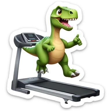 dinosaur runs on a treadmill and shows a thumbs up sticker