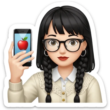 Black hair is braided to one side, braided to the left, and full bangs, wearing horn-rimmed glasses, holding an iPhone white color and taking a mirror selfie so that Apple logo comes out sticker