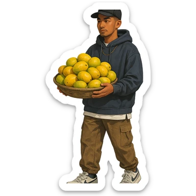 a stylish mango vendor in urban streetwear, with a cap and sneakers, carrying mangoes sticker
