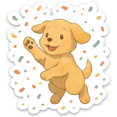 puppy jumping in confetti with paw up, soft ghibli style sticker