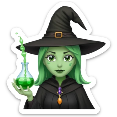 Witch with Green Skin – long-nosed witch in black hat holding potion sticker