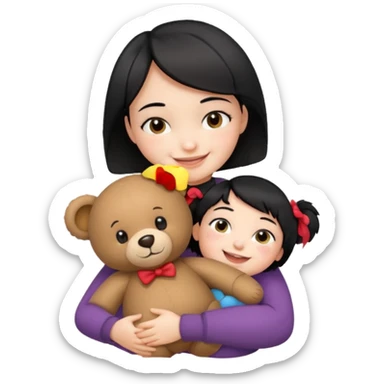 make an emoji a girl with short black hair hugging teddy bear and smile happiest sticker