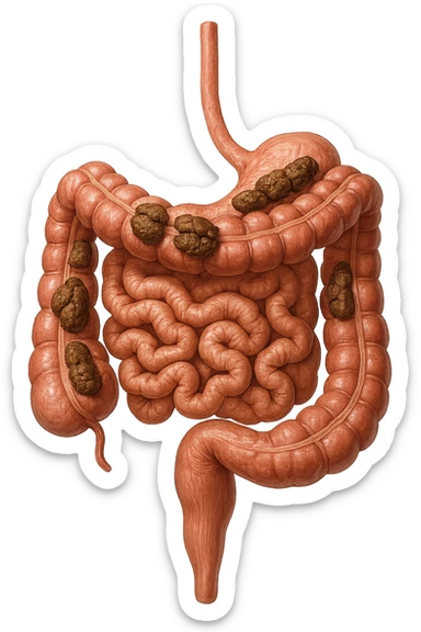 intestino umano anatomico realistico con feci spezzettate iperrealistiche sotto sticker
