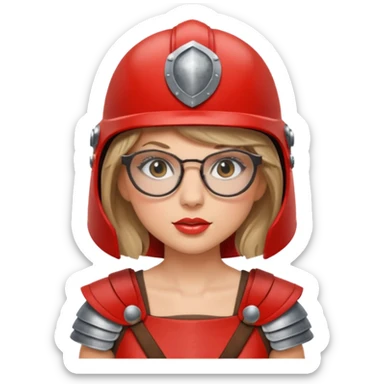 Taylor Swift, wearing gladiator cloth, big round glassed, helmet sticker