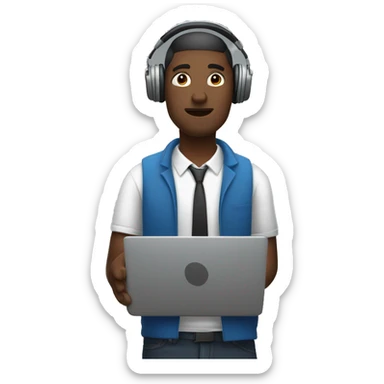 man in headphones talking hold laptop and phone only upper part of body  sticker