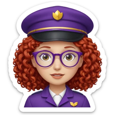 scout girl with red curly hair and uniform and hat and glassess and purle uniform sticker