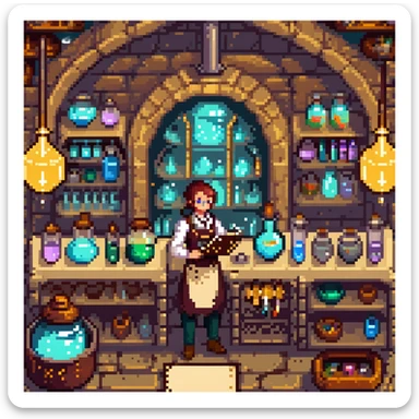 A mystical baker surrounded by bubbling glass flasks, enchanted ingredients, and a brass-trimmed oven. The workspace feels like a magical lab with parchment scrolls, glowing powders, and steampunk-style machinery. UI elements resemble aged parchment, crystal knobs, and smoky overlays. sticker