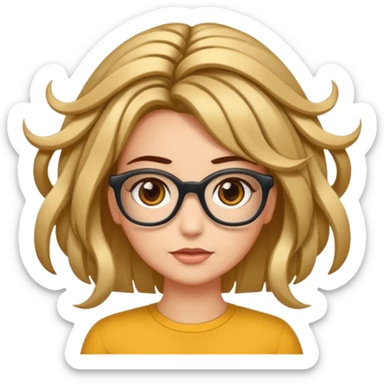 Uma garota de cabelos encaracolados compridos e mechas bem loiras, com pele morena  e óculos sticker