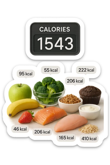 a digital calorie counter hovers above a variety of foods arranged on a table—fruits, vegetables, grains, meats, and desserts. Each food has a floating label showing its calorie content. The background is clean and modern, emphasizing the educational aspect of calorie awareness. sticker