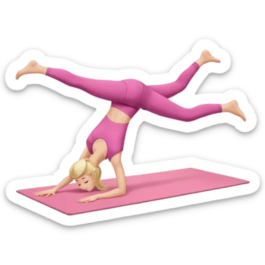A fair-haired girl in a pink suit does a back bridge on a mat. two legs and a bridge to the other side.the feet are on the mat, the back is arched inward and the hands are stretched towards the legs sticker
