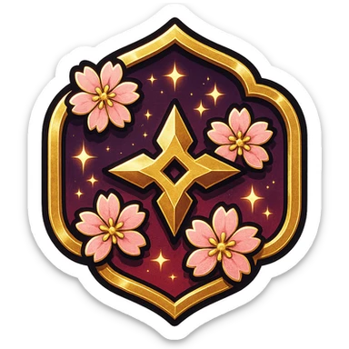 Anime-inspired Japanese style badge for Grandmaster rank: traditional crest shape with deep purple and red gradient with gold accents, sakura (cherry blossom) accents, ninja star, bold highlights and shadows, sparkly effects, no text, sized for Twitch or Discord use, transparent background. sticker