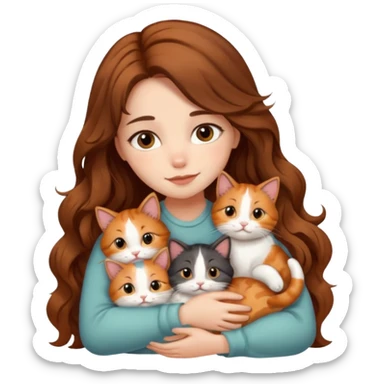 pretty girl with long wavy brown hair snuggling 6 cats sticker