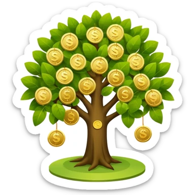 Apple-style money tree (10 coints), round soft green canopy.
No pot, no ground — only the tree.
Small gold coins as fruits inside the leaves (not below).
Flat 2D vector, clean shapes, no gradients.
Dark near-black background, premium fintech icon. sticker
